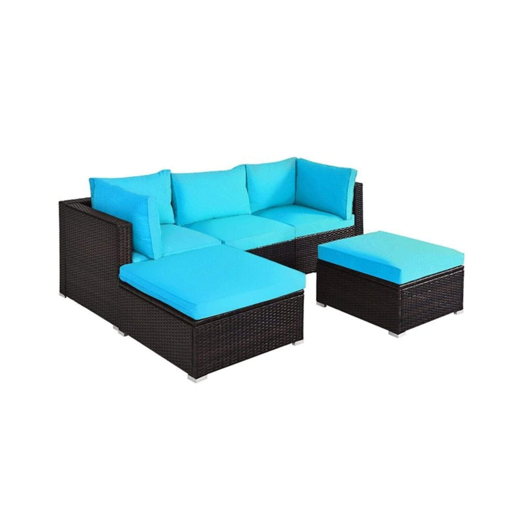 Alora Outdoor 5-Piece Patio Rattan Turquoise Furniture Sectional Conversation Sofa Set (SAK56878)