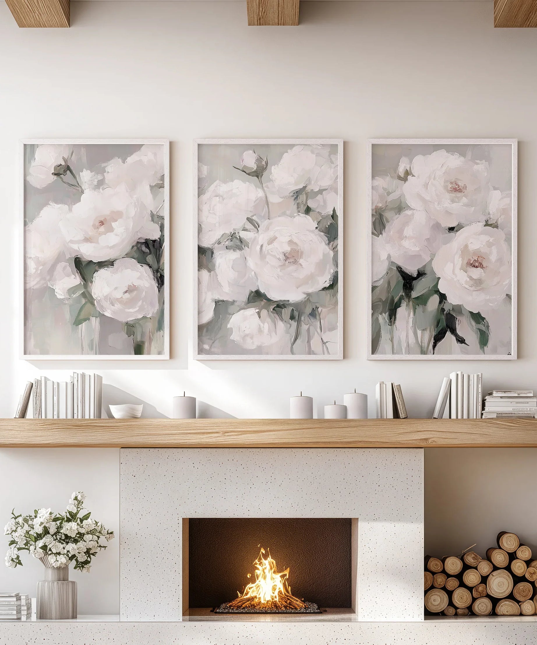 Romantic White Flower 3 Piece Wall Art. Peony Painting Print