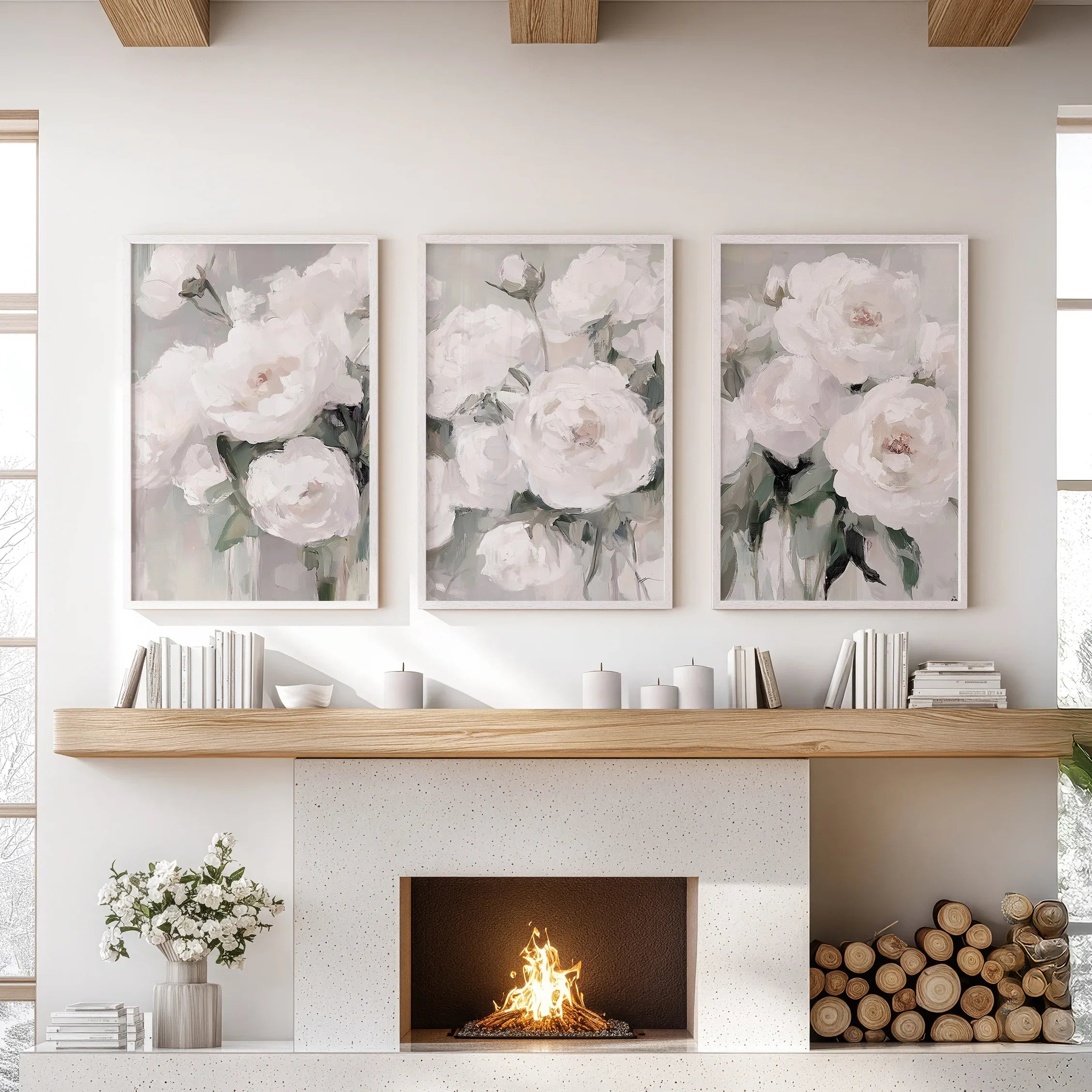 Romantic White Flower 3 Piece Wall Art. Peony Painting Print