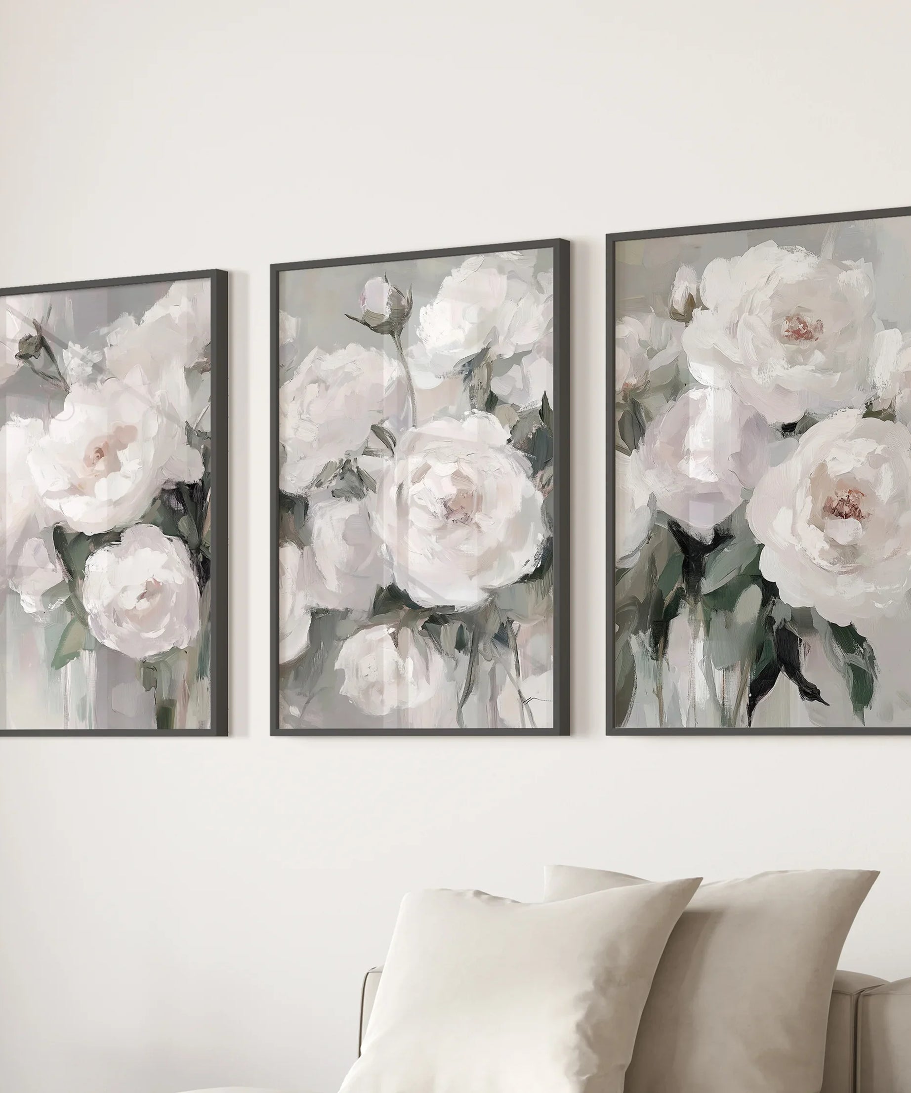 Romantic White Flower 3 Piece Wall Art. Peony Painting Print