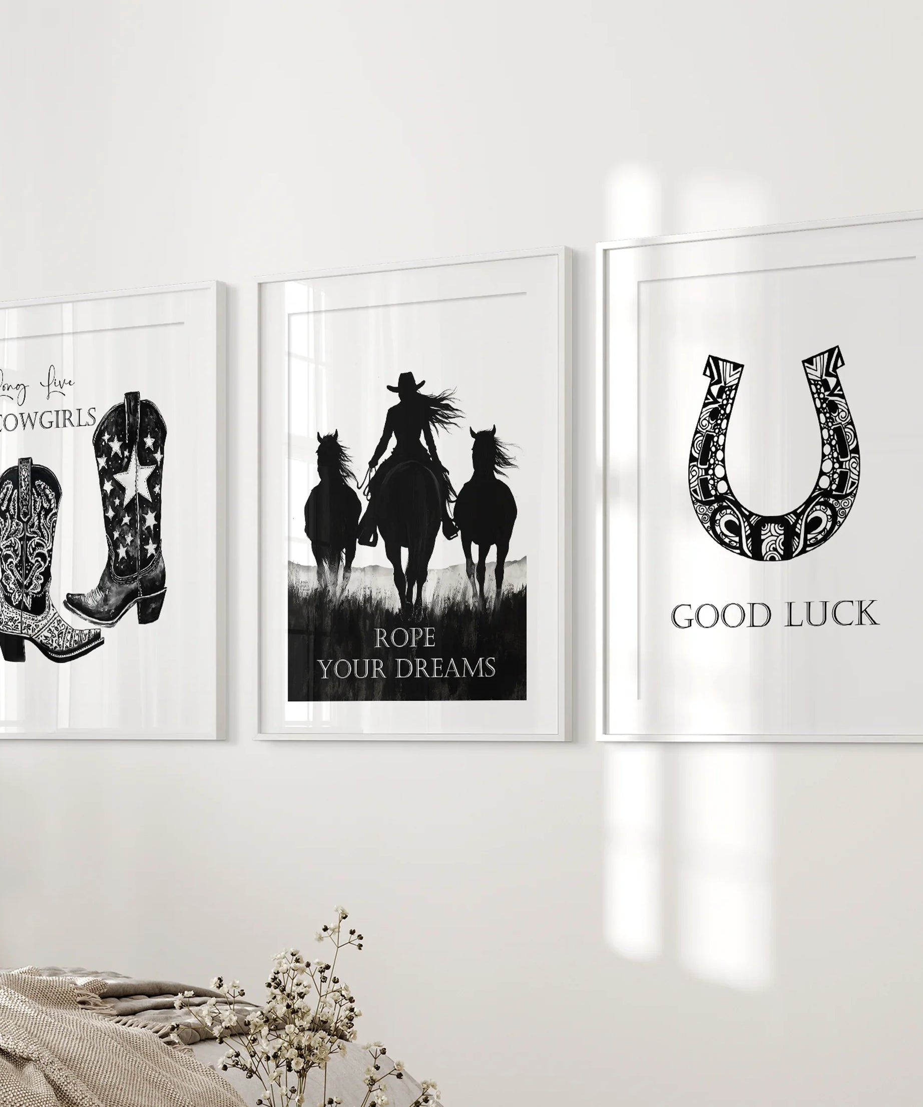 Black White Western Cowgirl 3 Piece Art. Boots, Horseshoe
