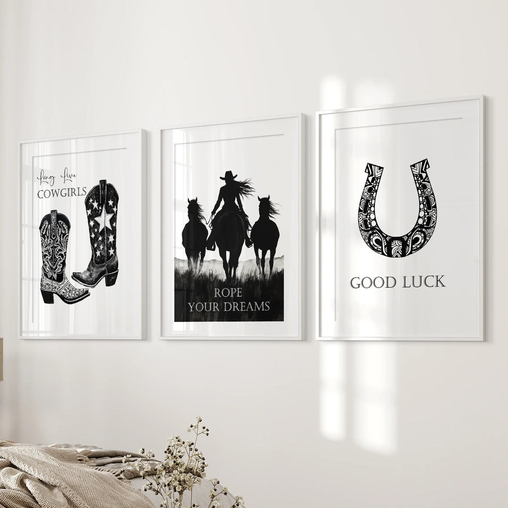 Black White Western Cowgirl 3 Piece Art. Boots, Horseshoe
