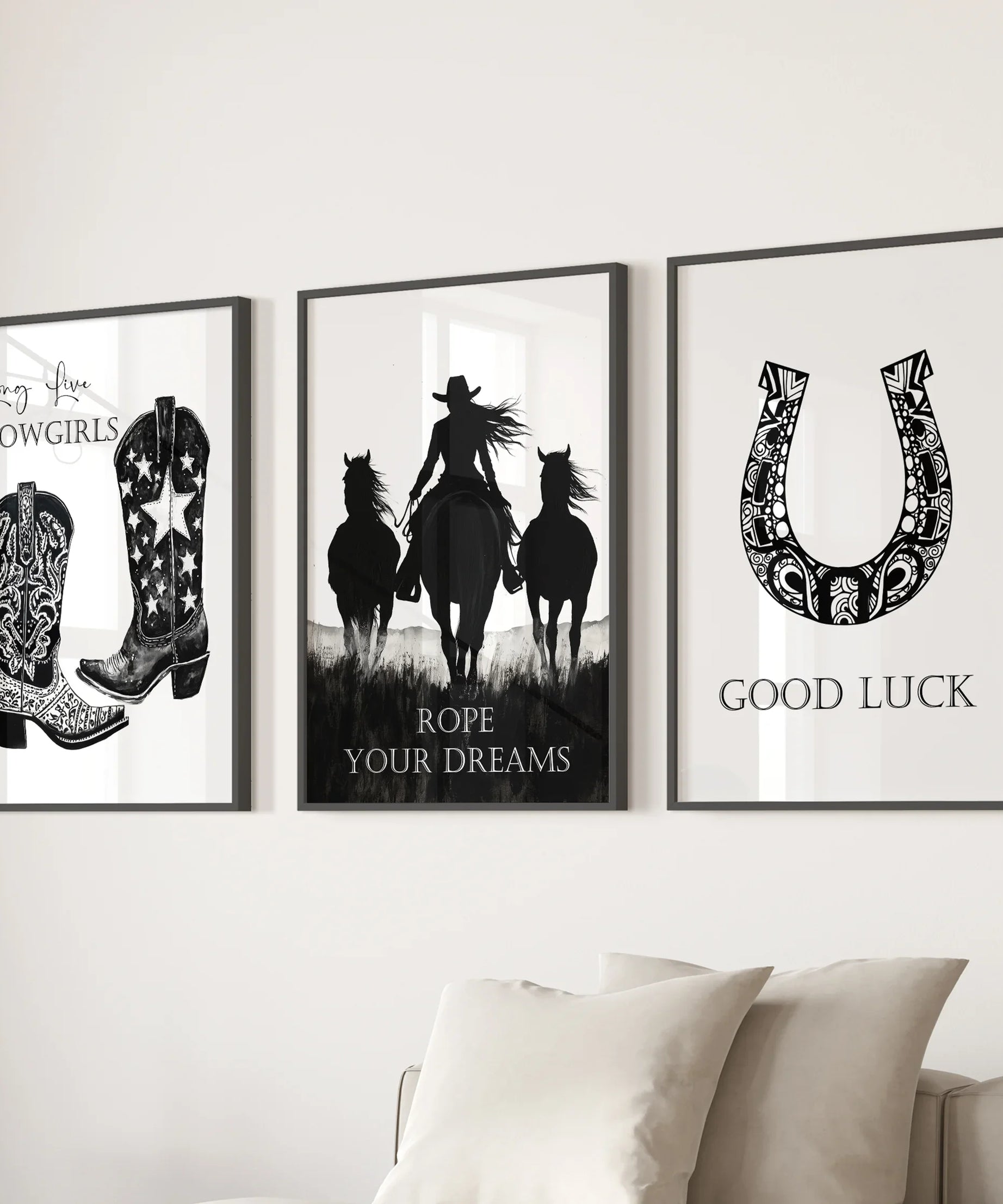 Black White Western Cowgirl 3 Piece Art. Boots, Horseshoe