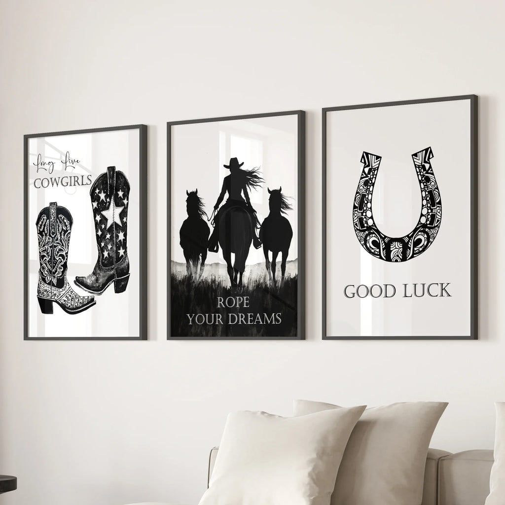 Black White Western Cowgirl 3 Piece Art. Boots, Horseshoe