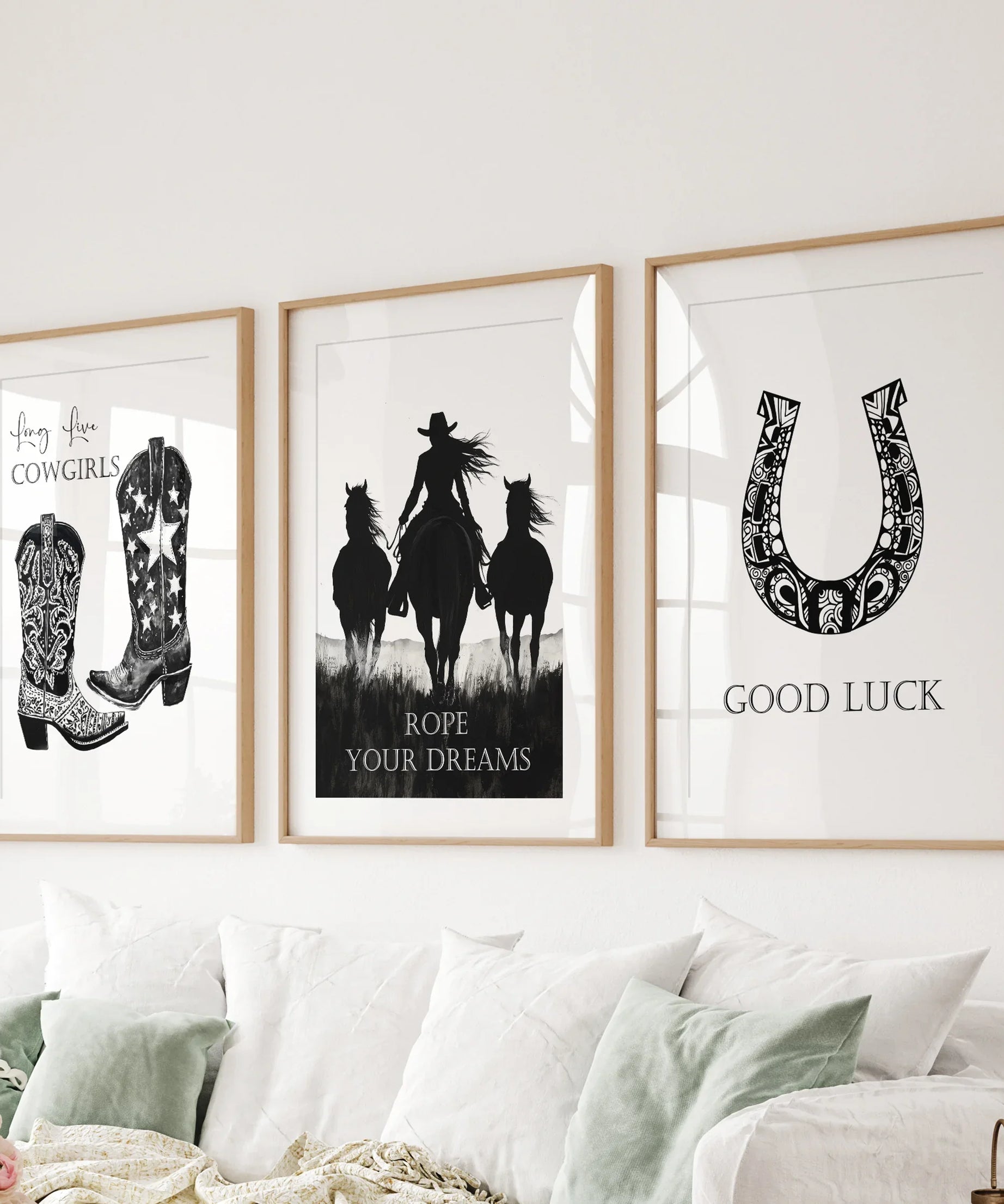 Black White Western Cowgirl 3 Piece Art. Boots, Horseshoe