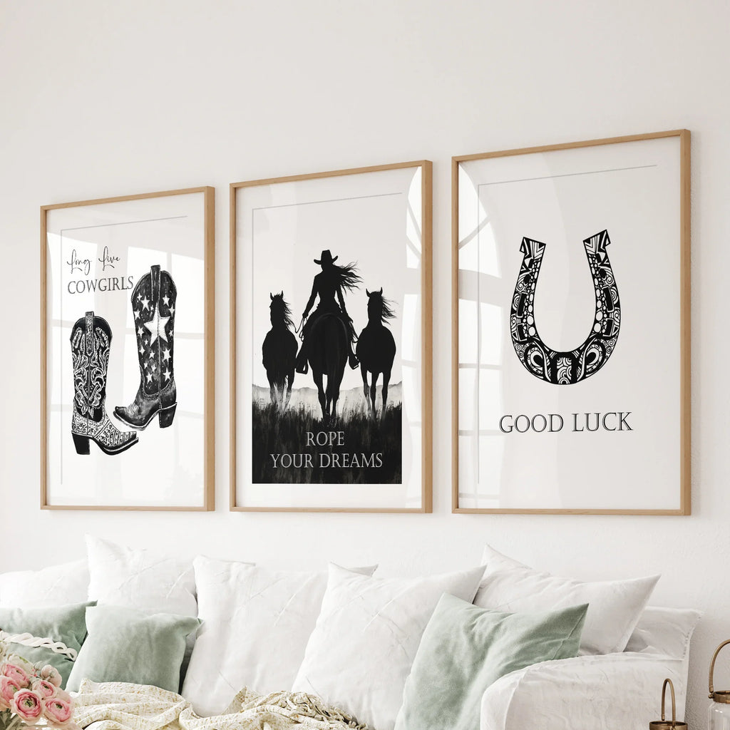 Black White Western Cowgirl 3 Piece Art. Boots, Horseshoe