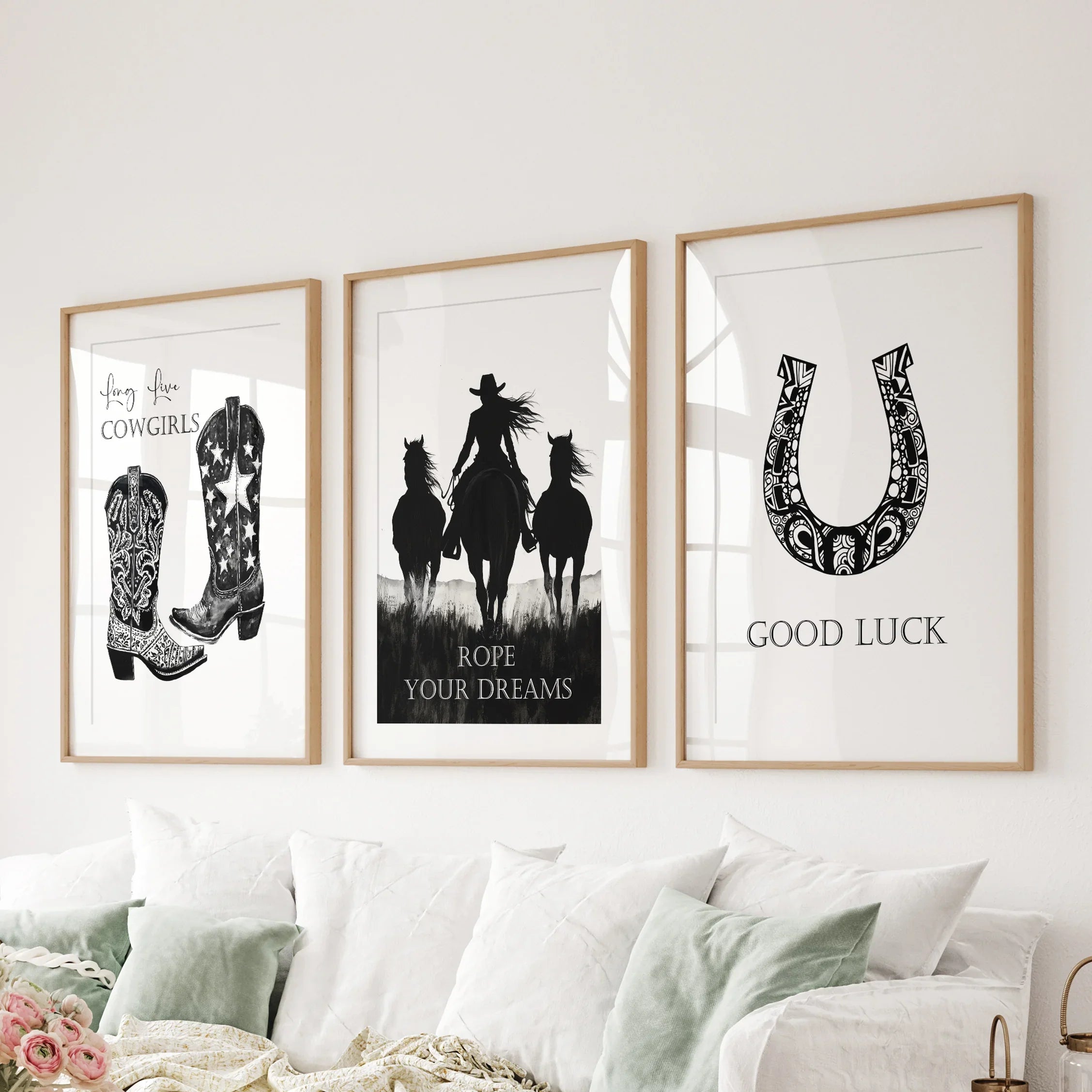 Black White Western Cowgirl 3 Piece Art. Boots, Horseshoe