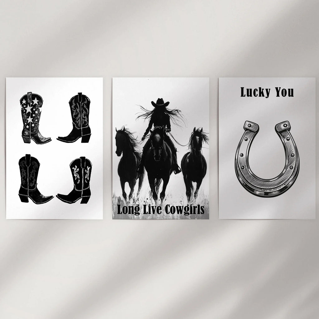 Western Cowgirl Wall Art Set of 3. Rustic Ranch Decor