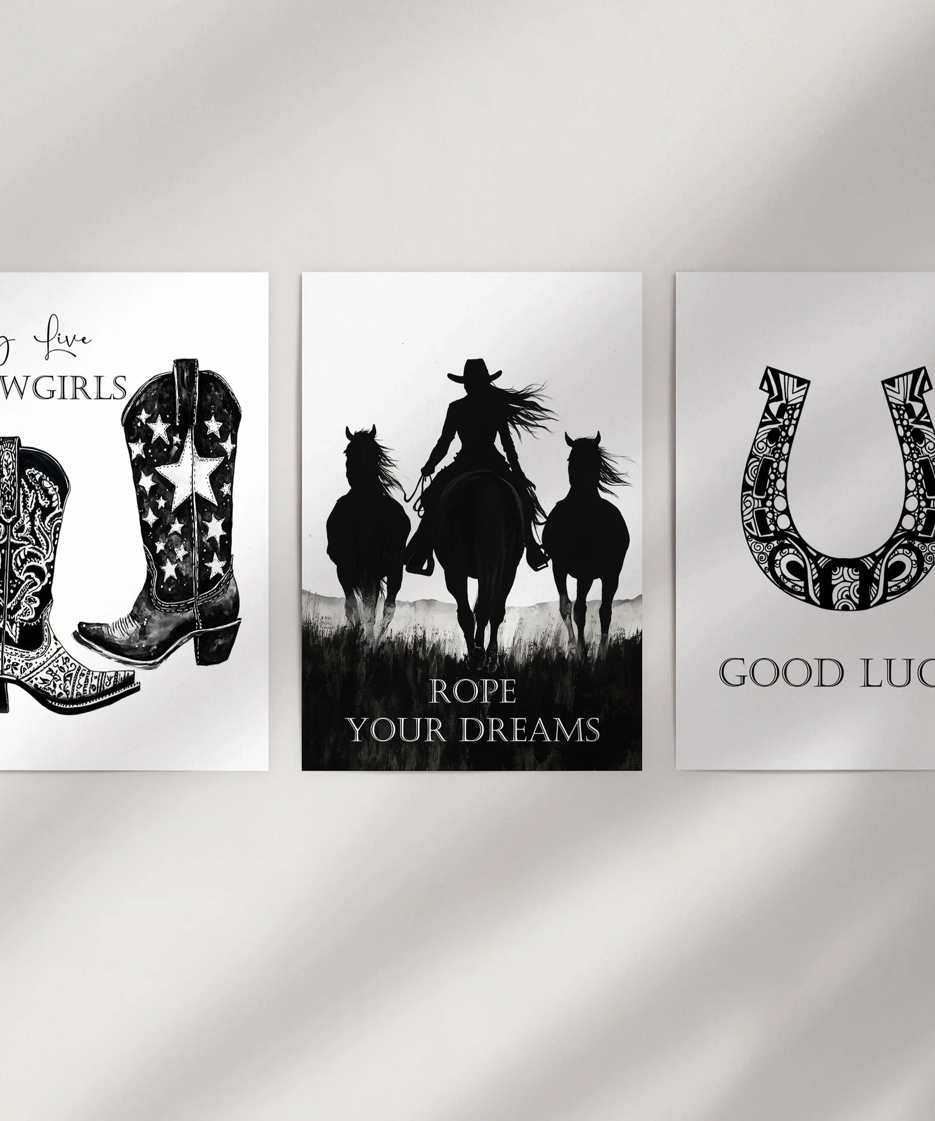 Black White Western Cowgirl 3 Piece Art. Boots, Horseshoe