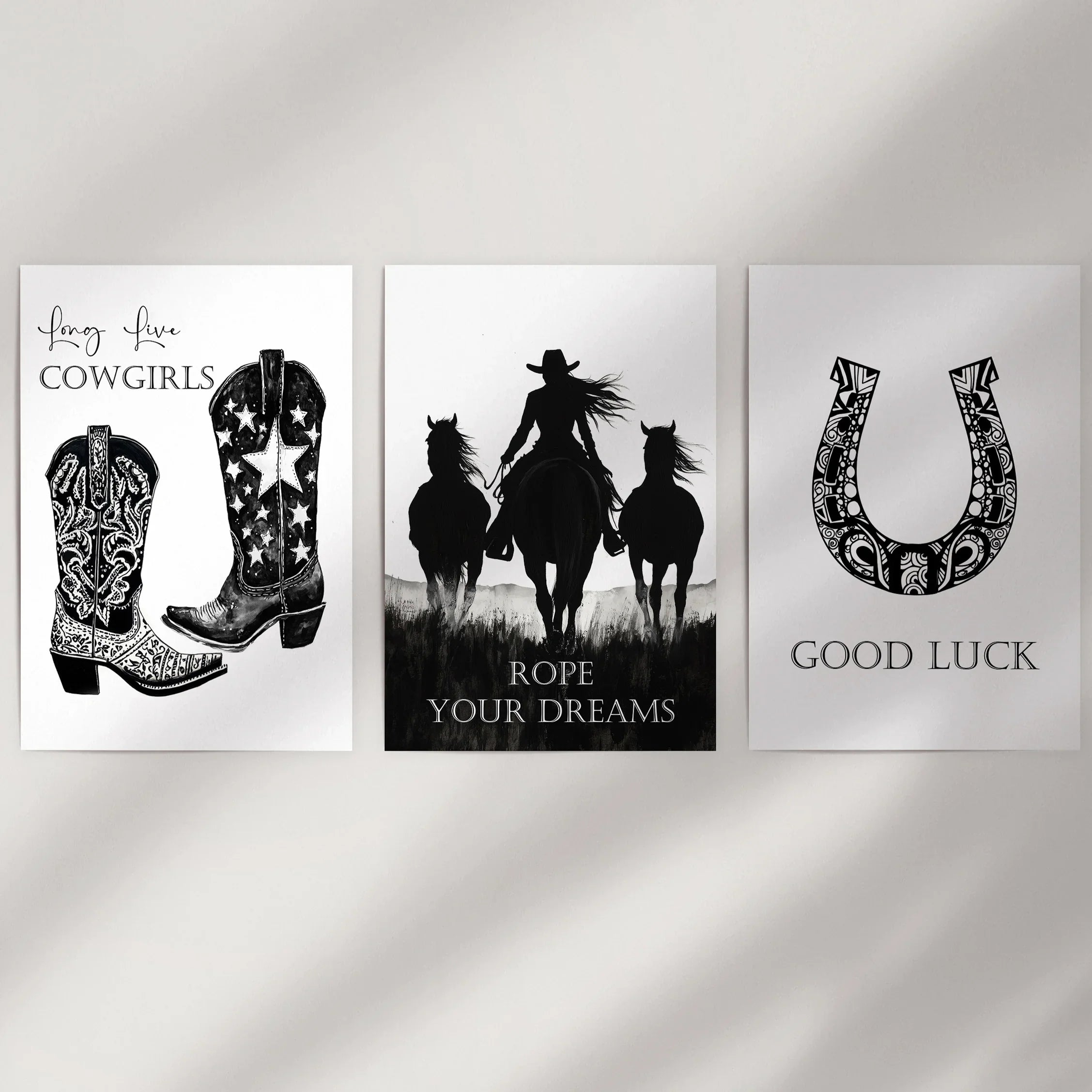 Black White Western Cowgirl 3 Piece Art. Boots, Horseshoe