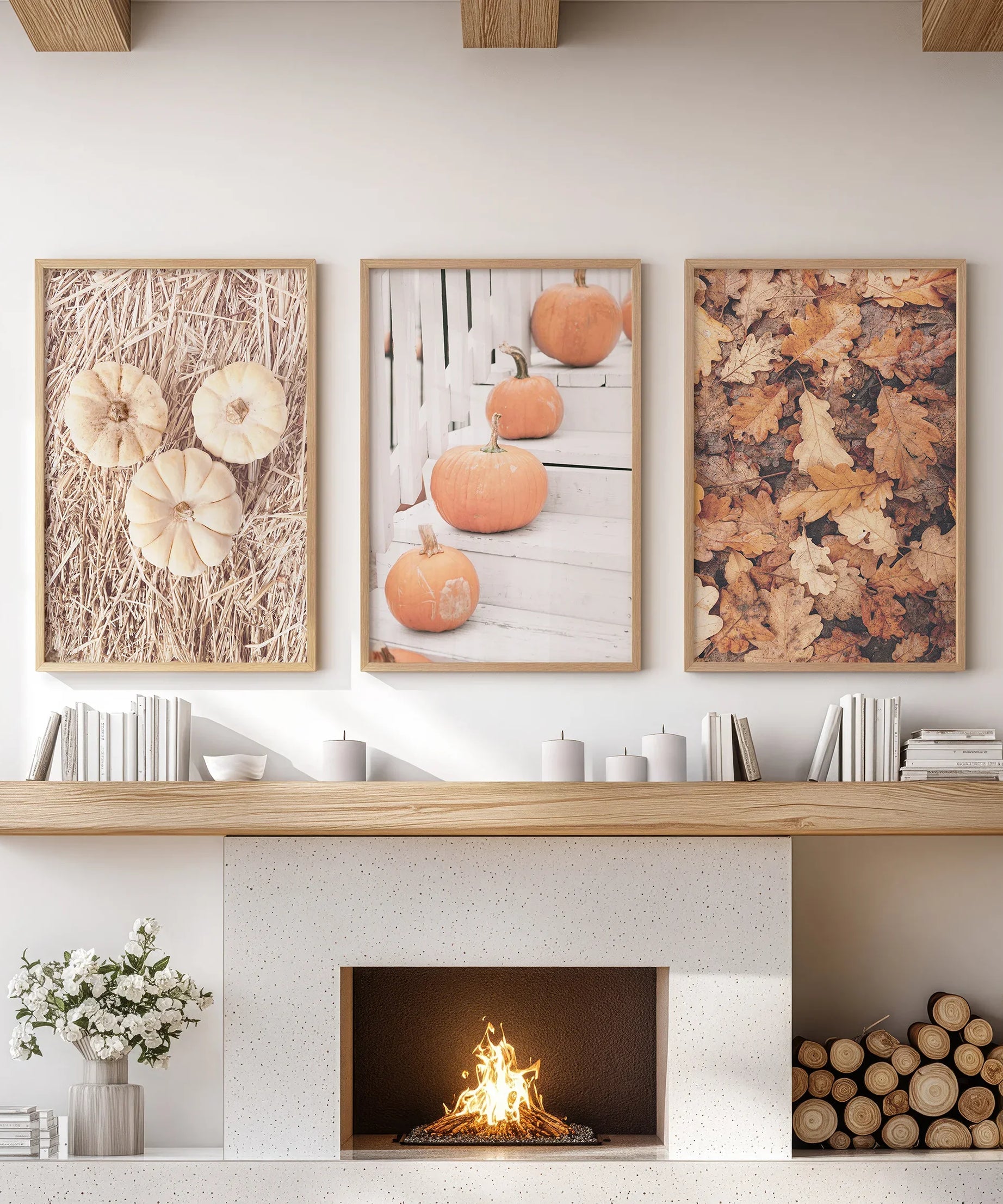 Cozy Fall Wall Art Set of 3. Pumpkins and Autumn Leaves