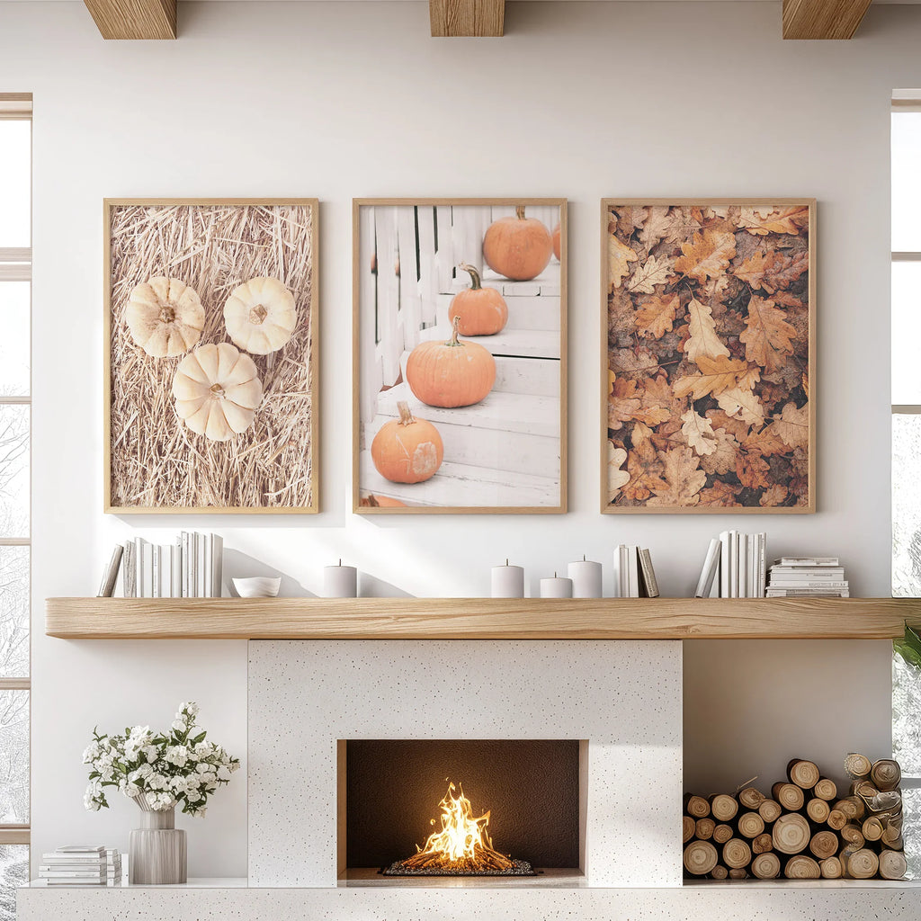Cozy Fall Wall Art Set of 3. Pumpkins and Autumn Leaves