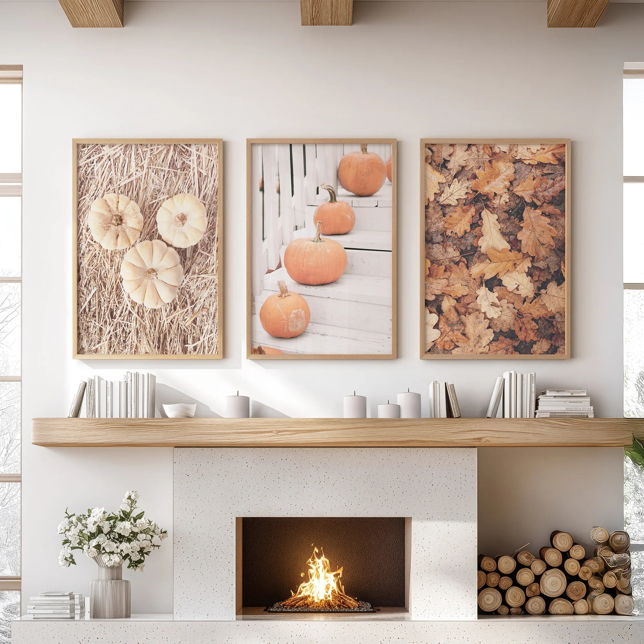 Cozy Fall Wall Art Set of 3. Pumpkins and Autumn Leaves