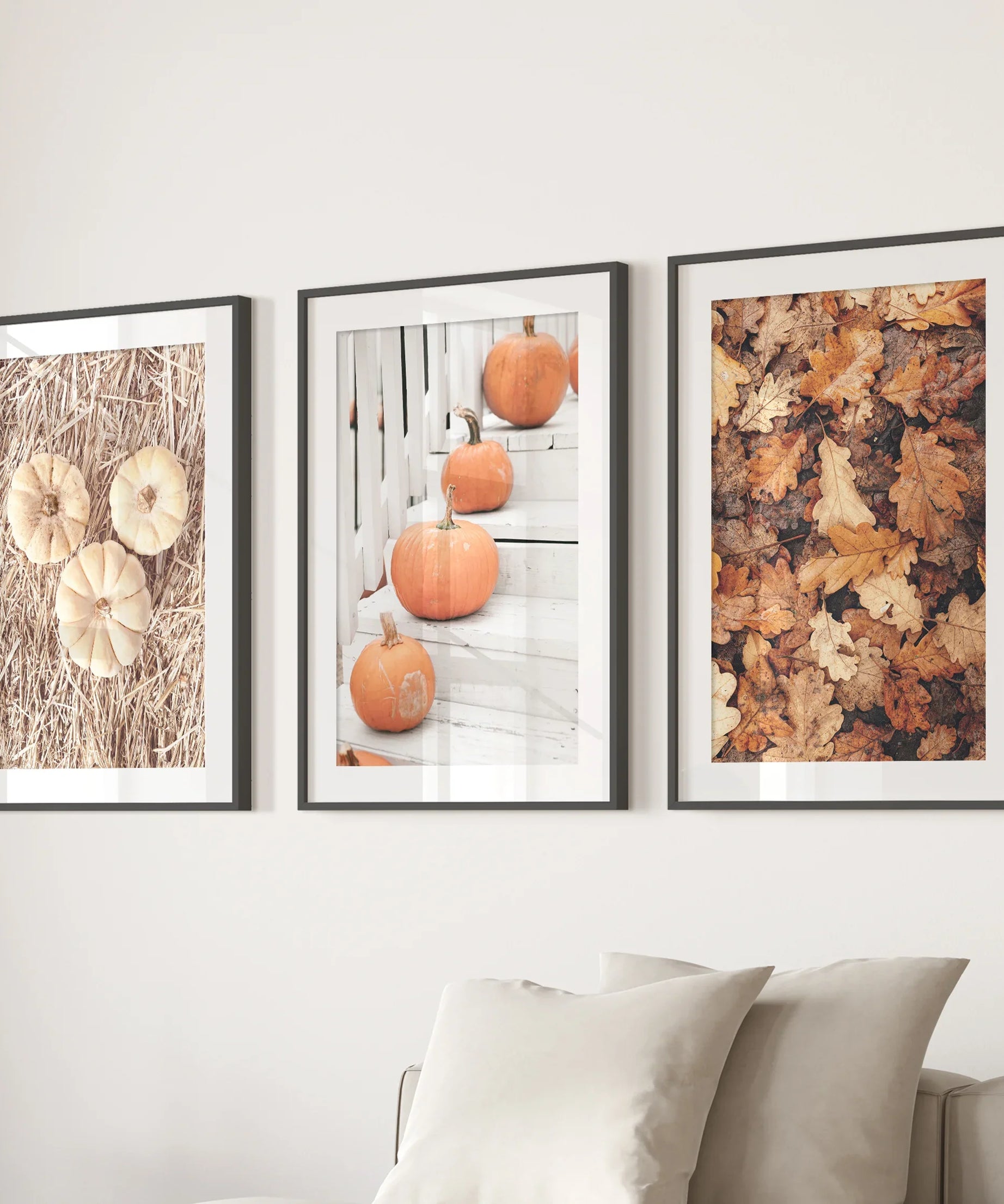 Cozy Fall Wall Art Set of 3. Pumpkins and Autumn Leaves