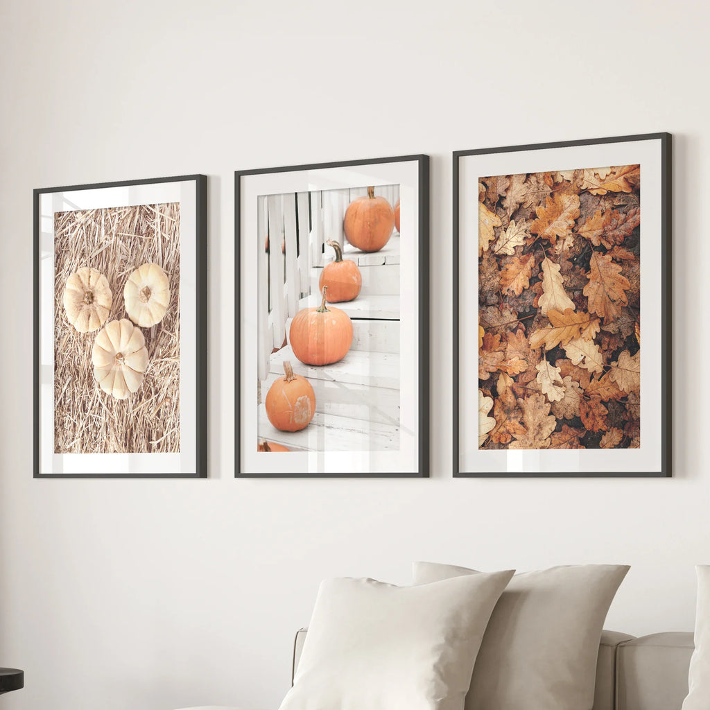 Cozy Fall Wall Art Set of 3. Pumpkins and Autumn Leaves