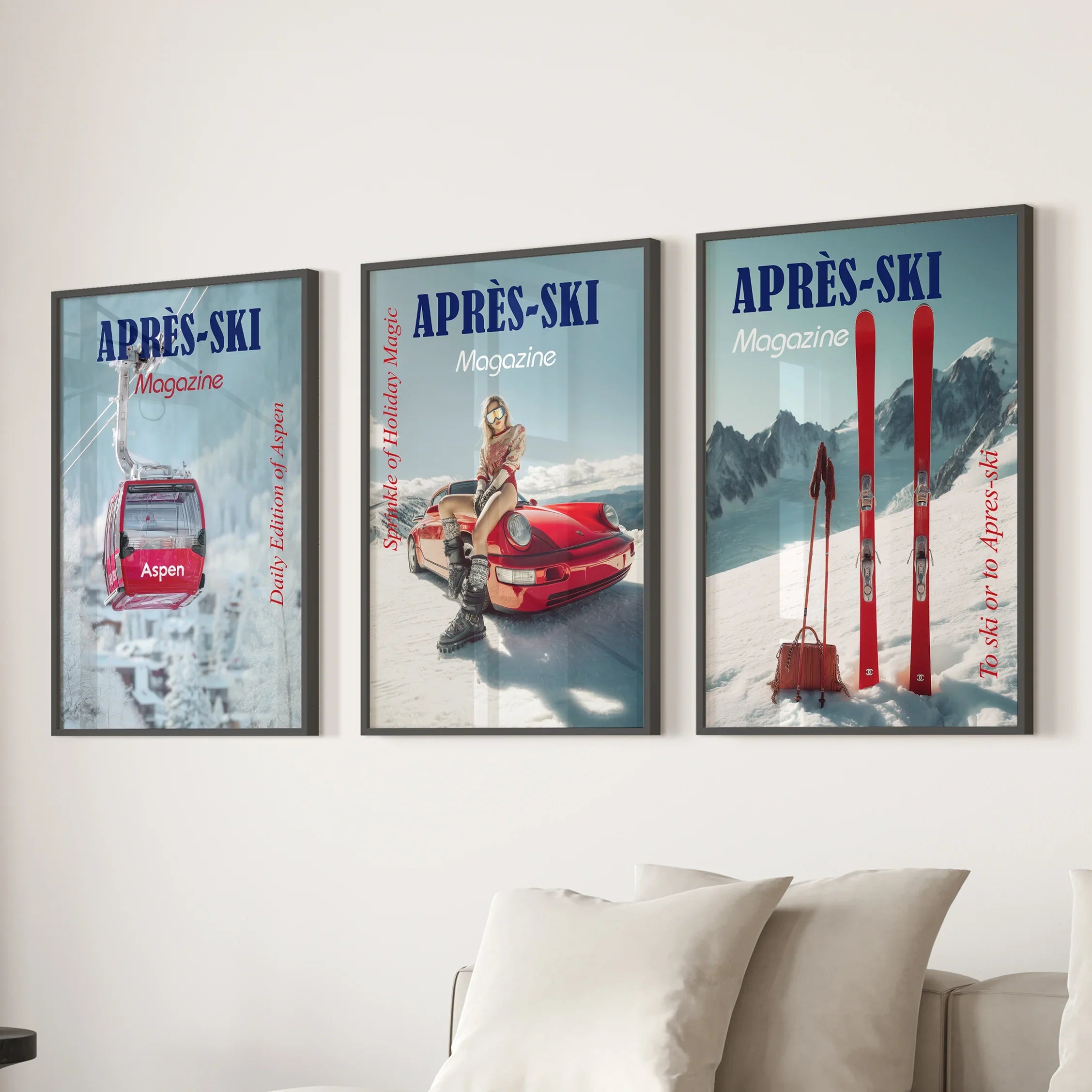 Girly Après Ski Set of 3 Posters. Chic Ski Resort Wall Decor