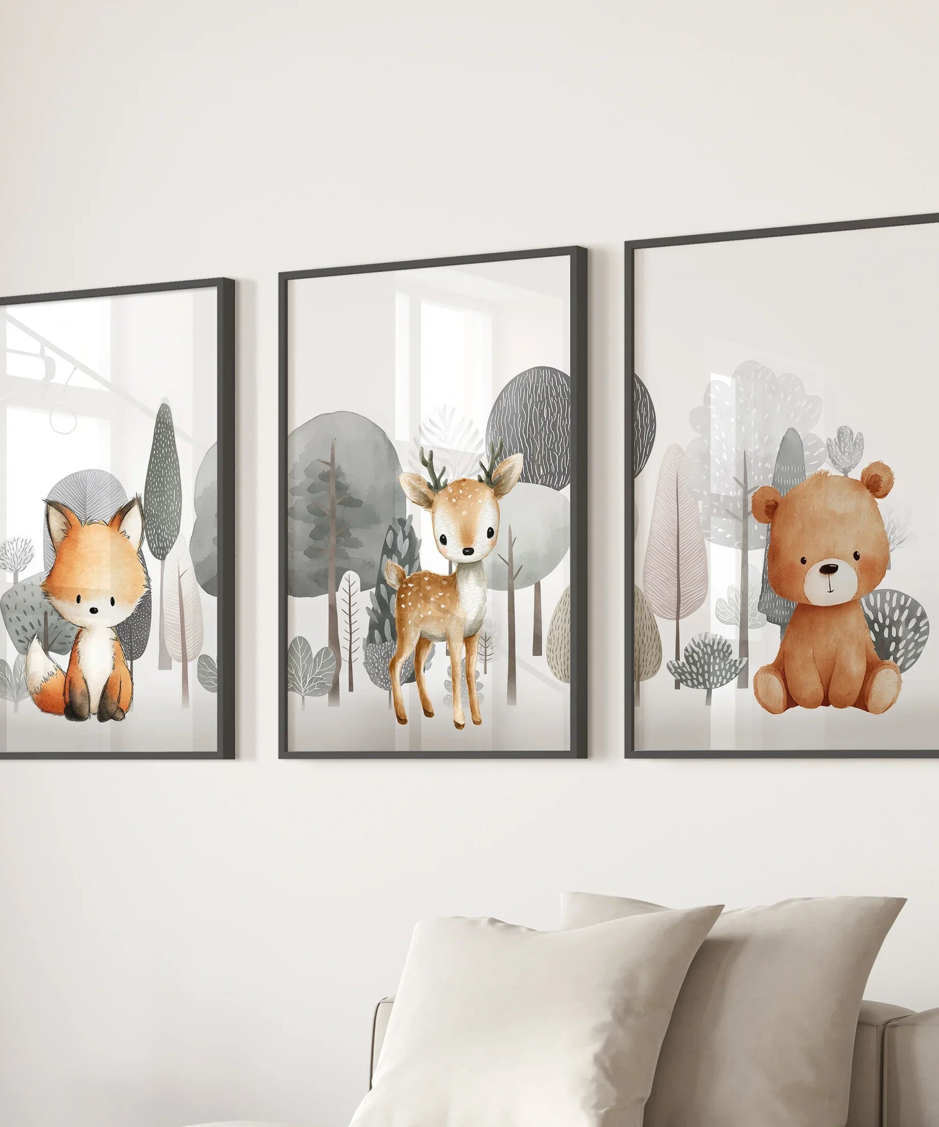 Forest Animal Nursery Decor. Cute Fox Fawn Bear Print Set
