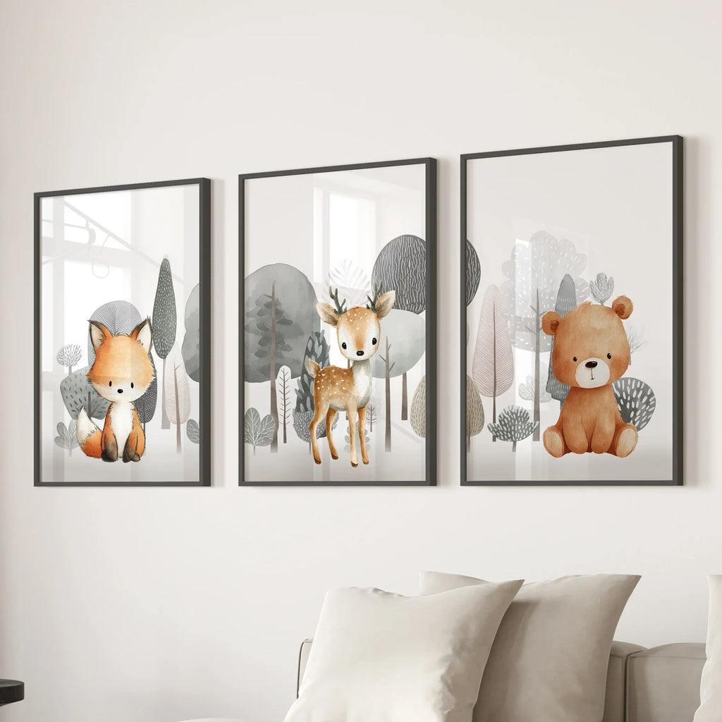 Forest Animal Nursery Decor. Cute Fox Fawn Bear Print Set