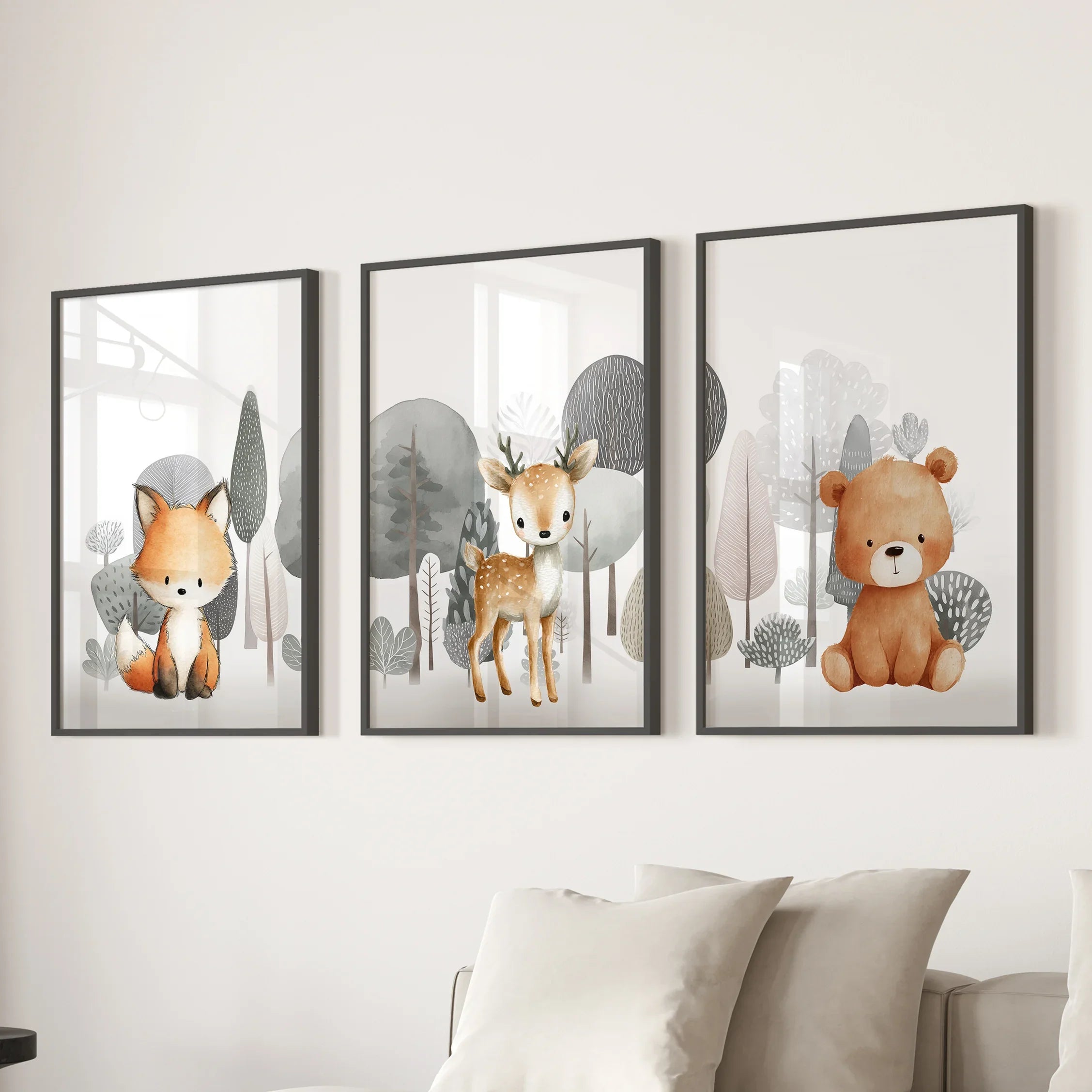 Forest Animal Nursery Decor. Cute Fox Fawn Bear Print Set
