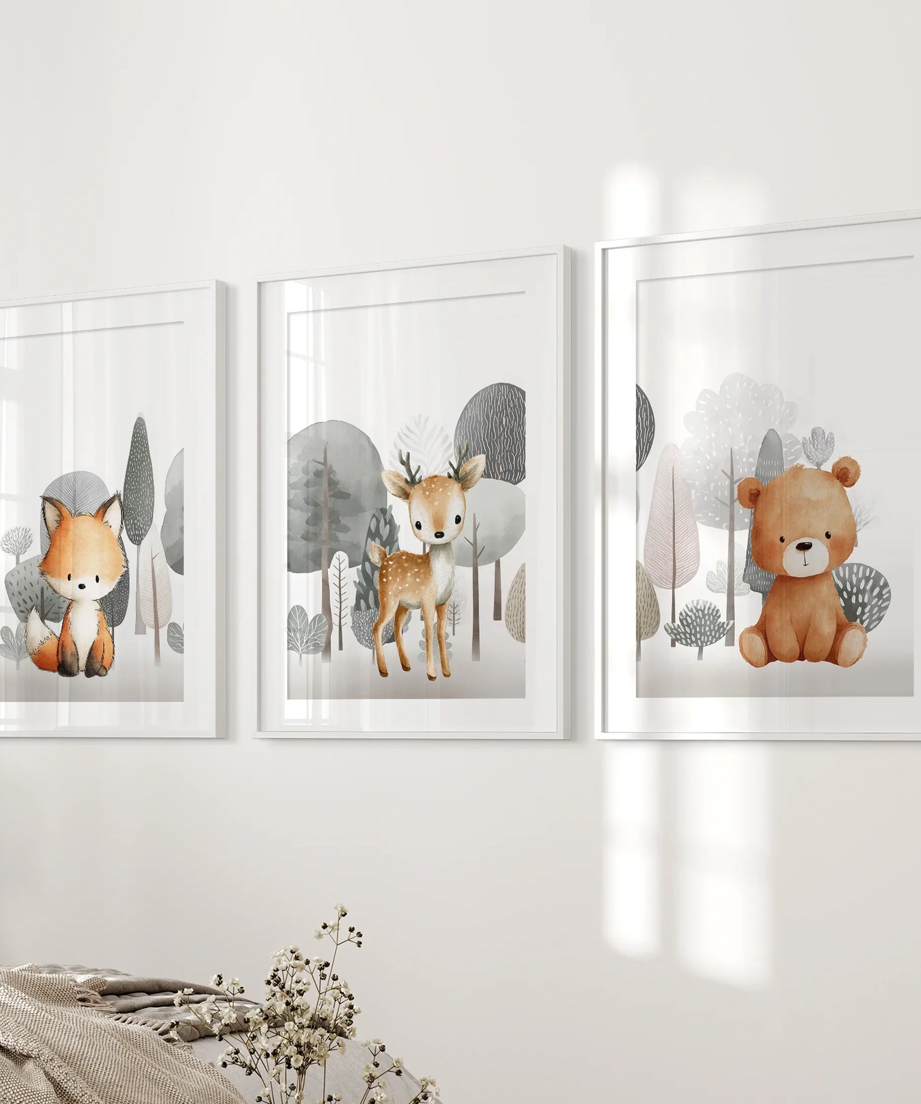 Forest Animal Nursery Decor. Cute Fox Fawn Bear Print Set