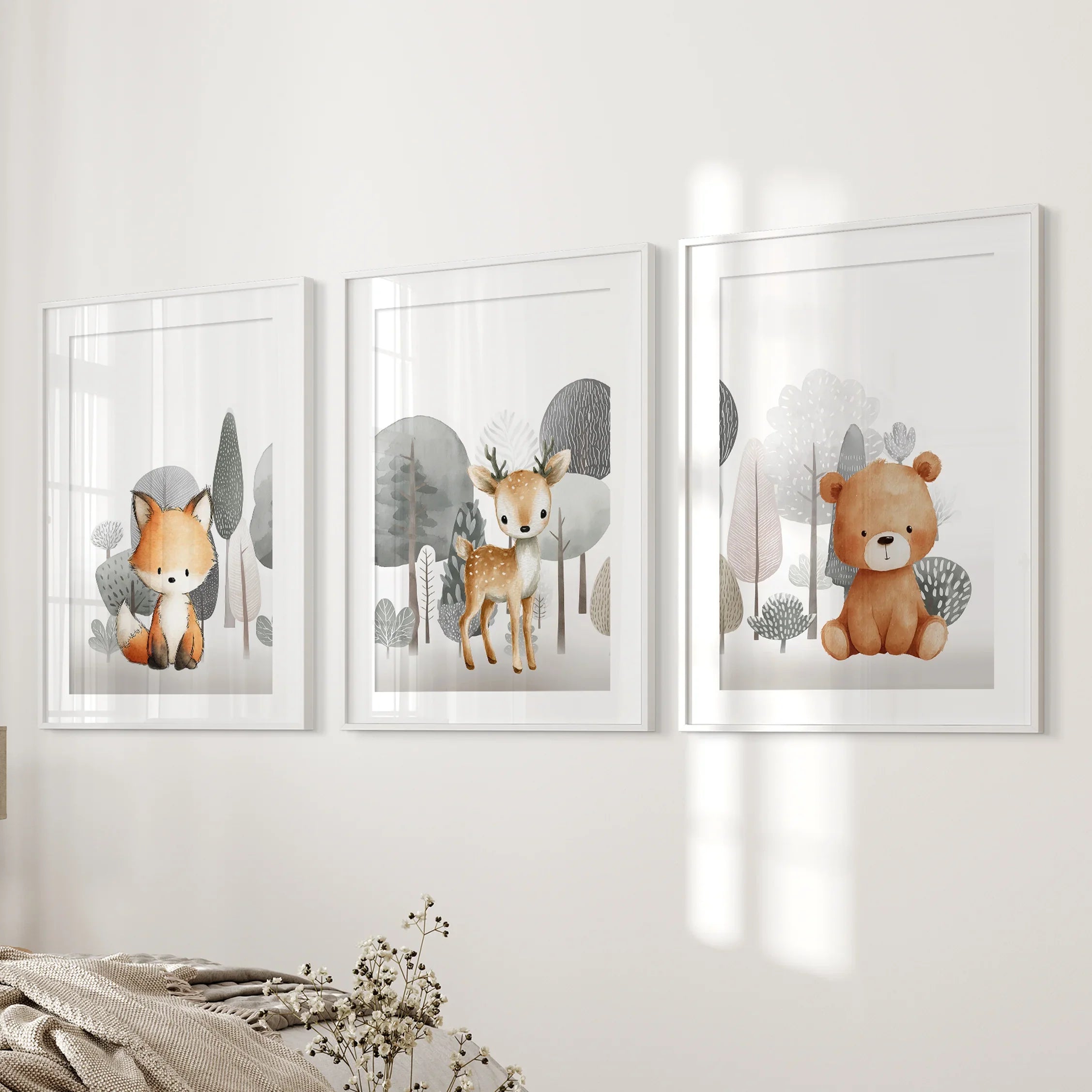 Forest Animal Nursery Decor. Cute Fox Fawn Bear Print Set