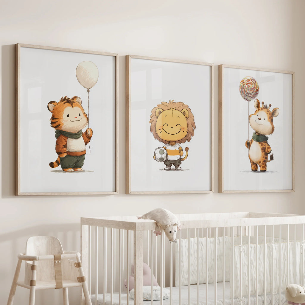 Woodland Jungle Set of 3 Prints. Lion, Giraffe, Tiger Art