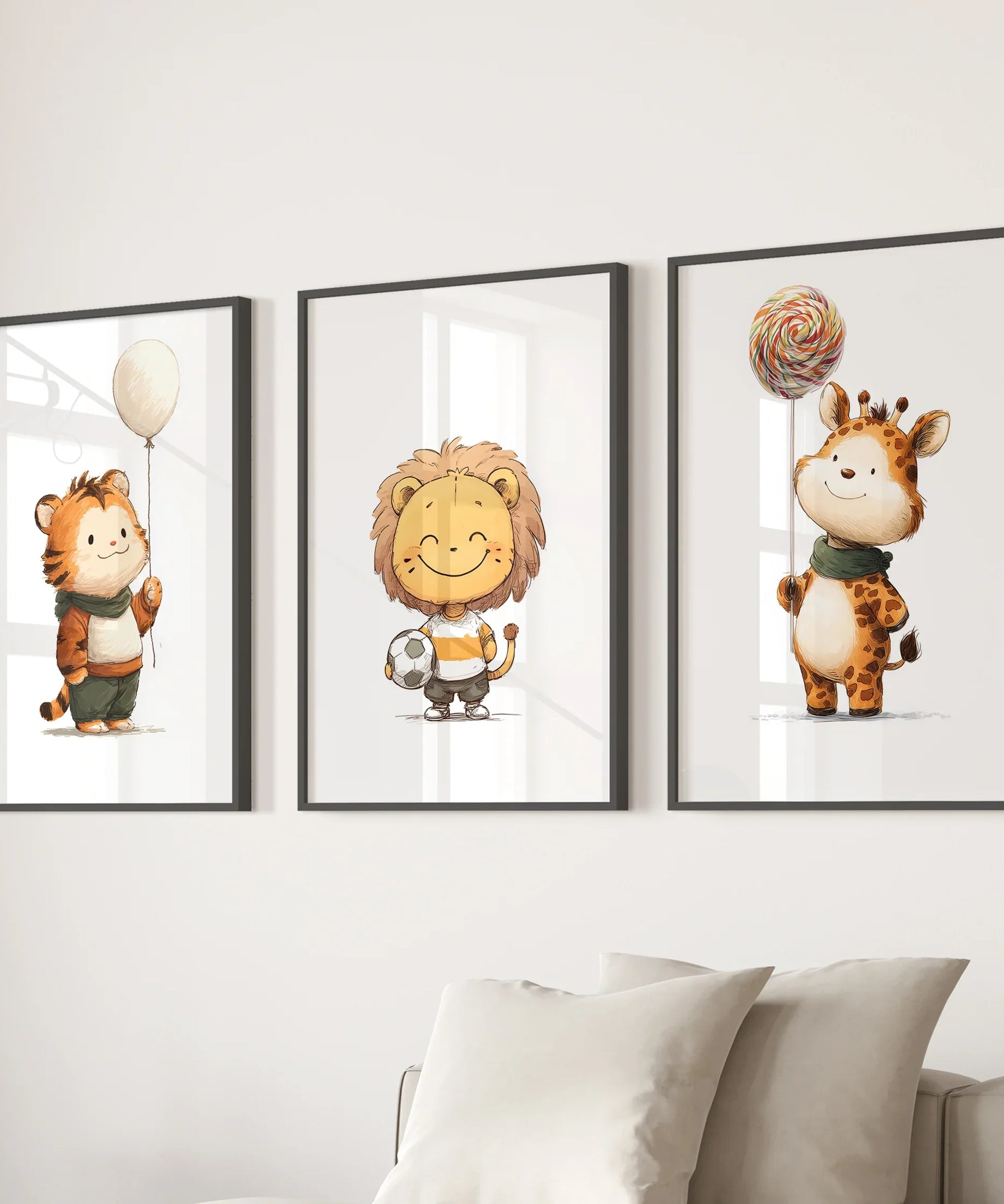 Woodland Jungle Set of 3 Prints. Lion, Giraffe, Tiger Art