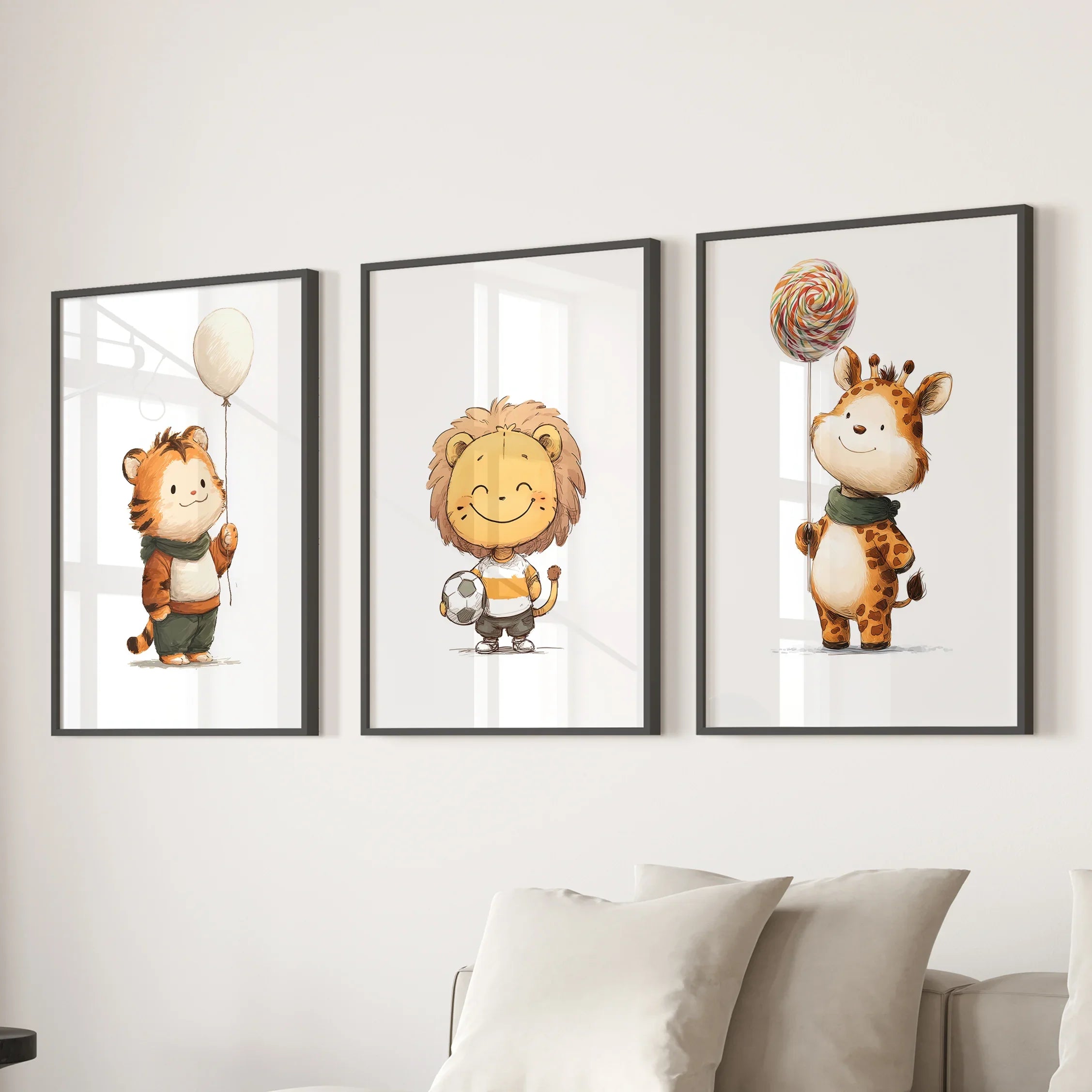 Woodland Jungle Set of 3 Prints. Lion, Giraffe, Tiger Art