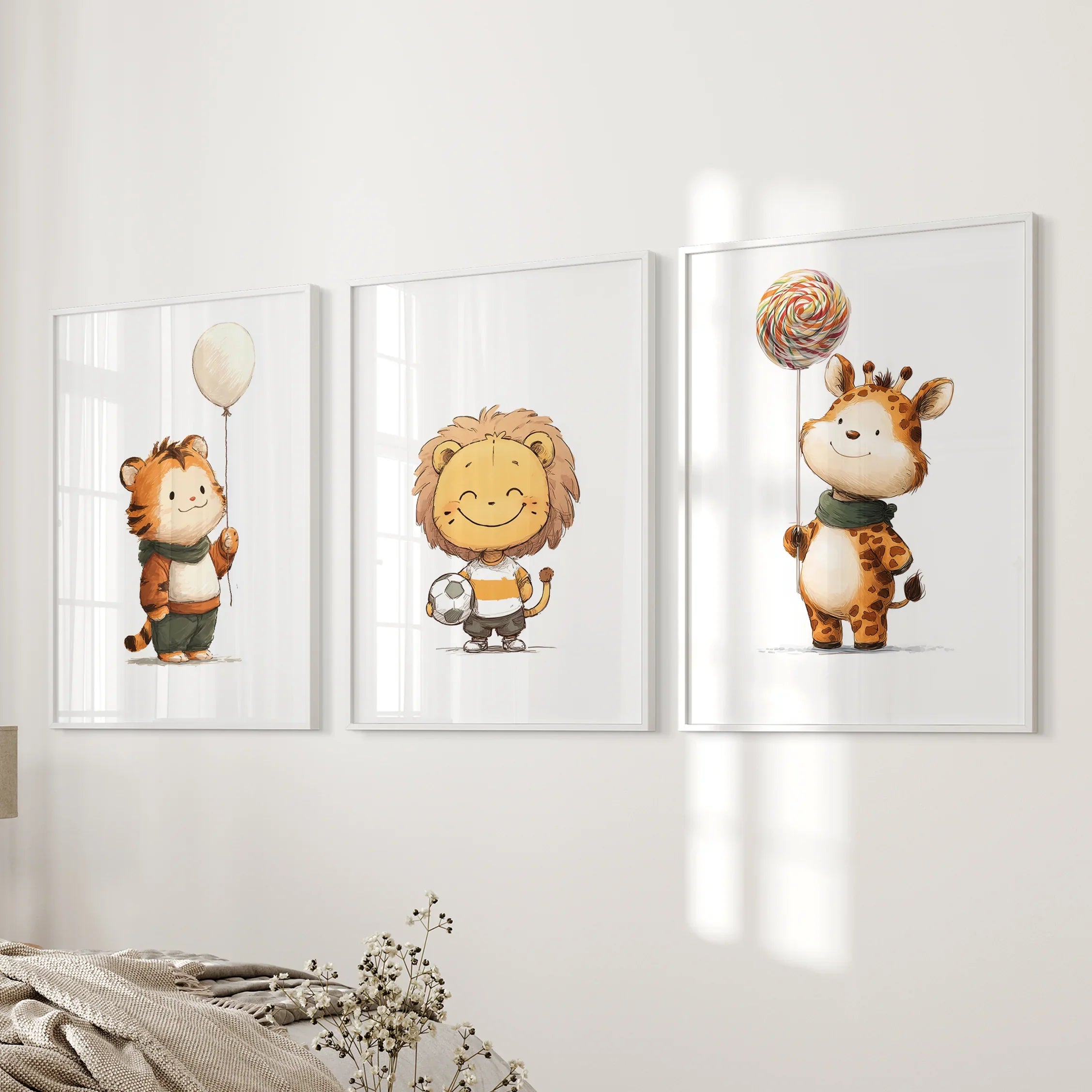 Woodland Jungle Set of 3 Prints. Lion, Giraffe, Tiger Art