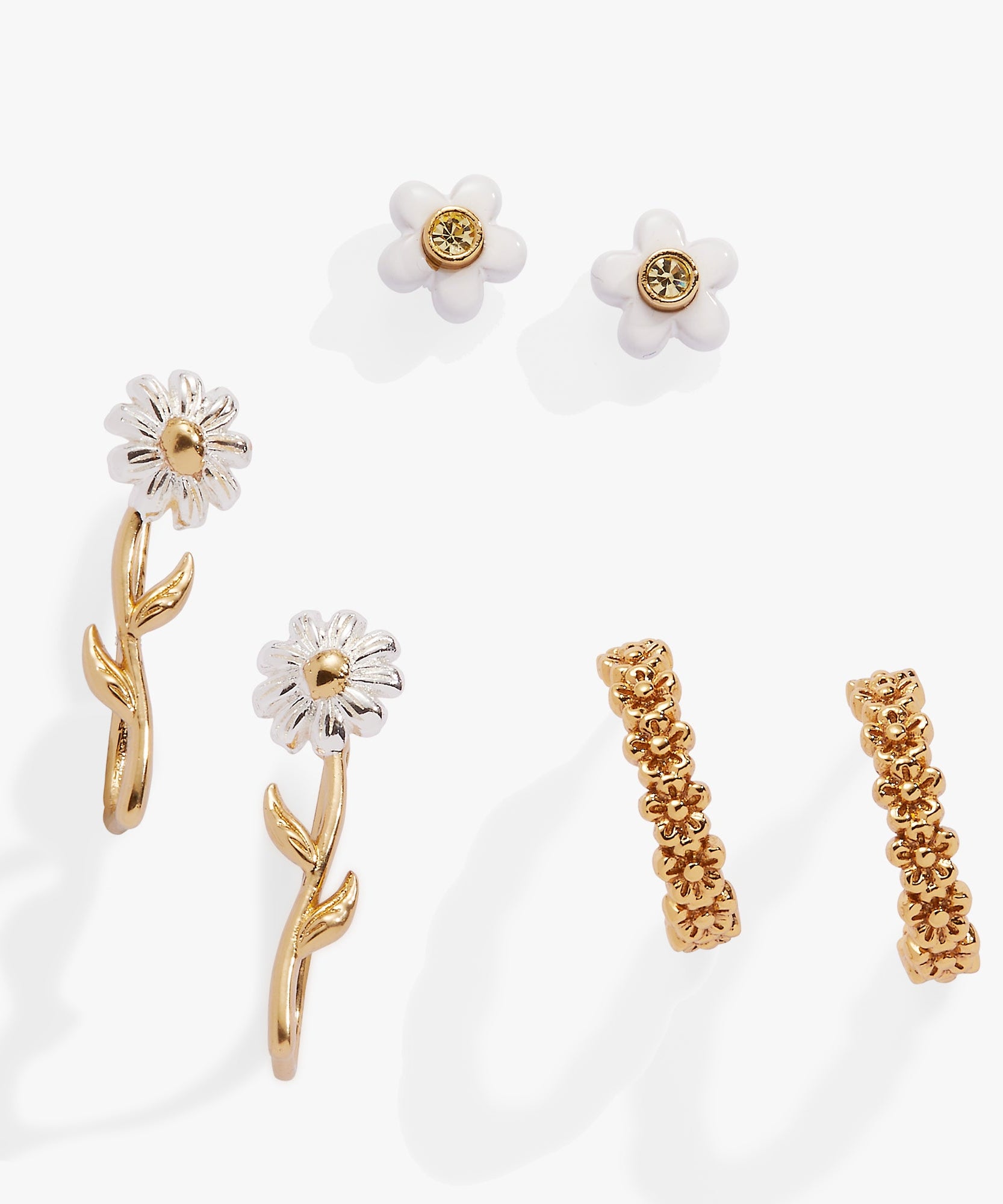 Daisy Flower Stud and Huggie Hoop Earring Set of 3