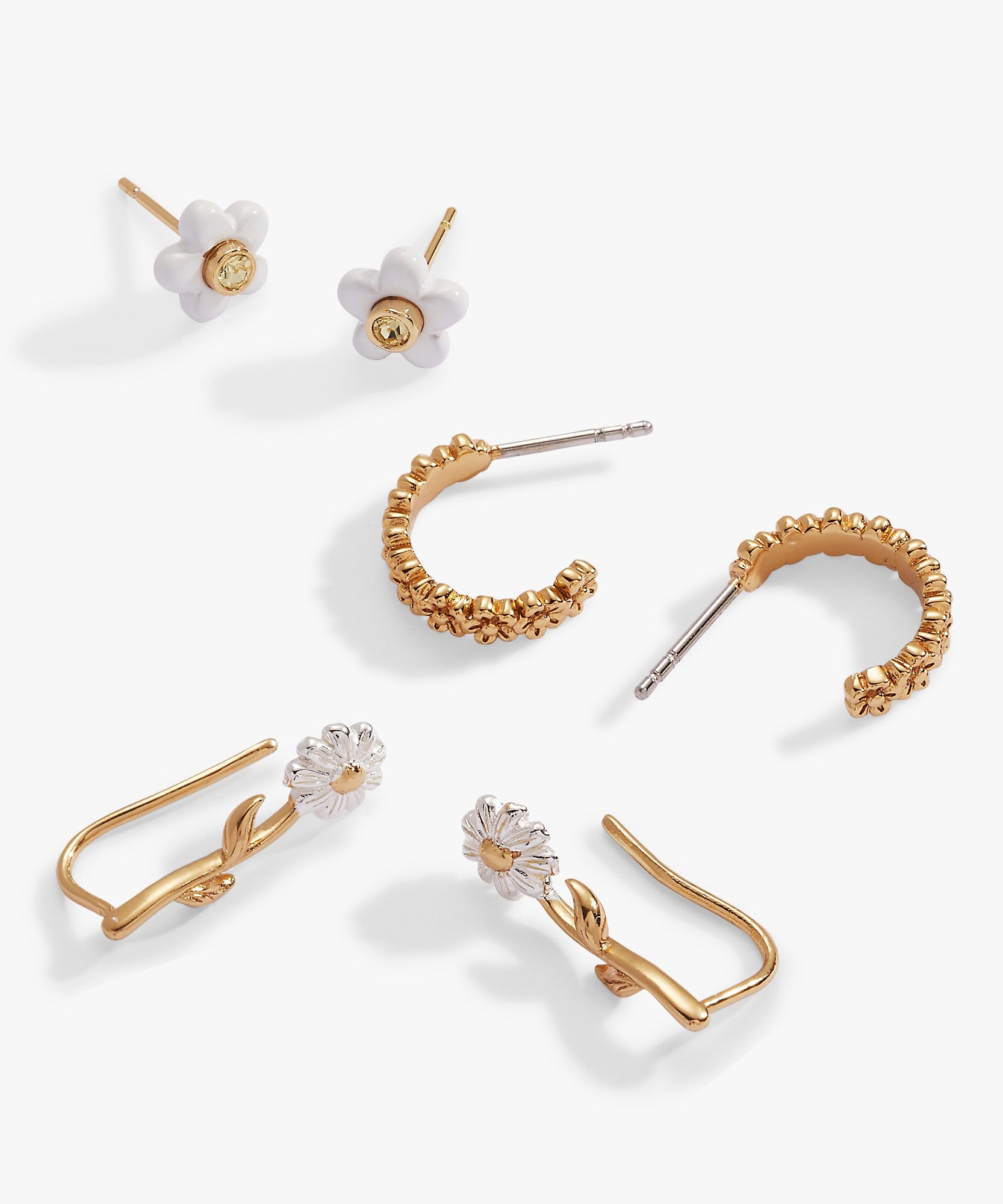 Daisy Flower Stud and Huggie Hoop Earring Set of 3