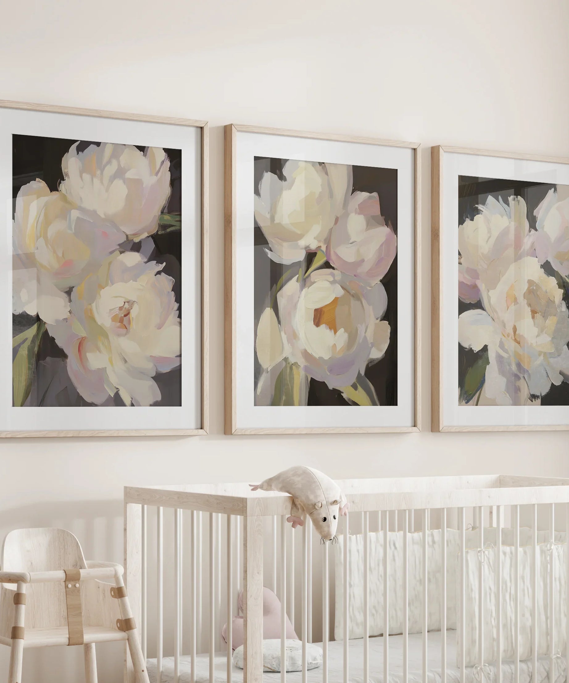 Moody Pink and White Peonies Art. Floral Set of 3 Prints