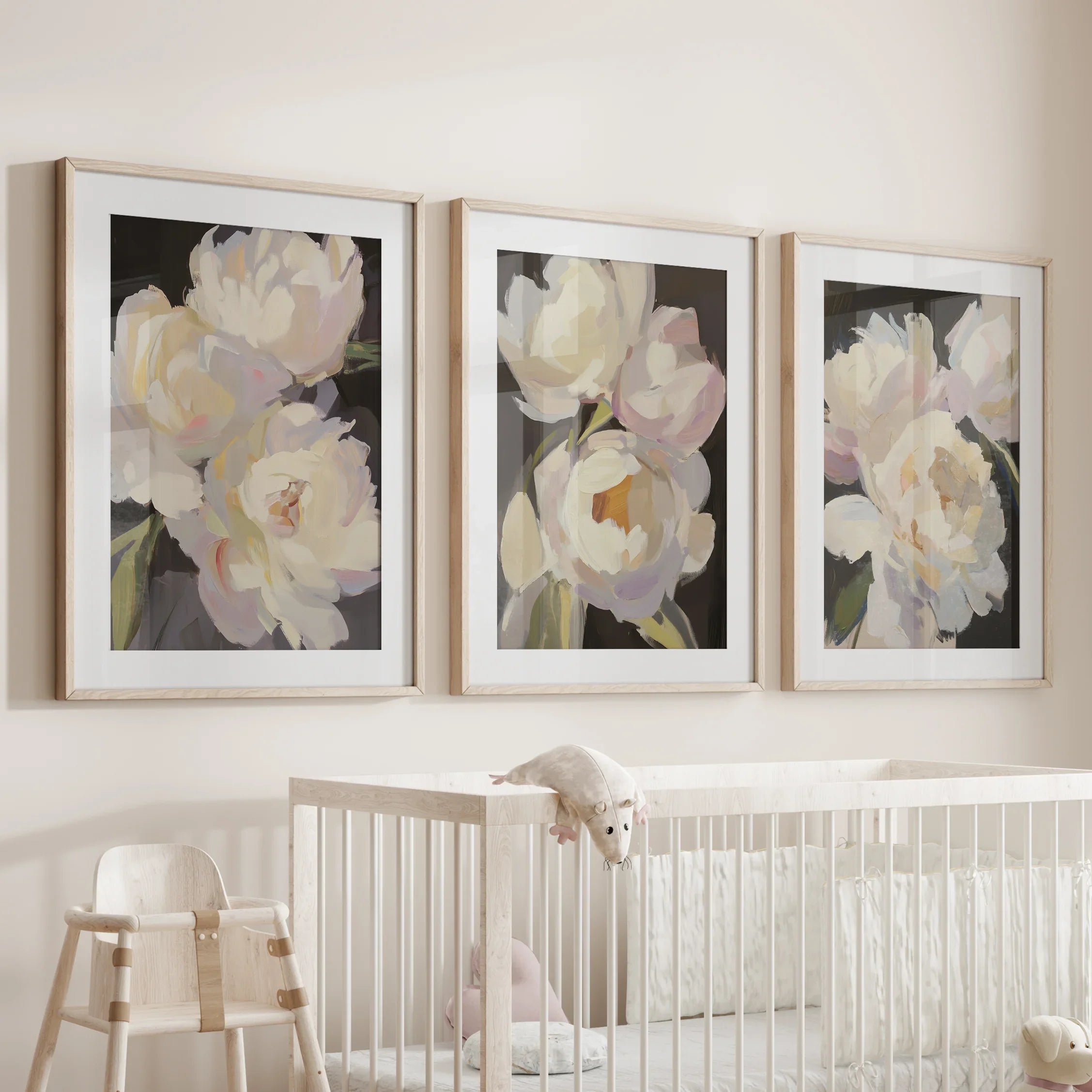 Moody Pink and White Peonies Art. Floral Set of 3 Prints