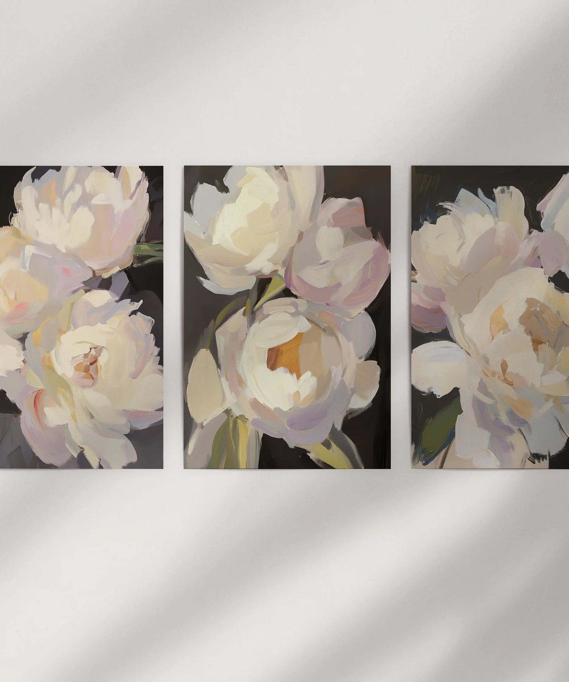 Moody Pink and White Peonies Art. Floral Set of 3 Prints