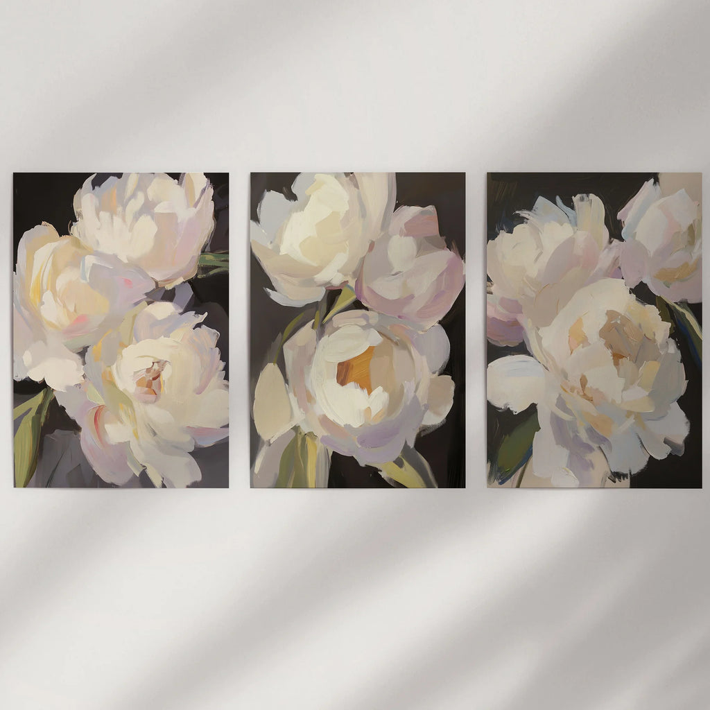 Moody Pink and White Peonies Art. Floral Set of 3 Prints