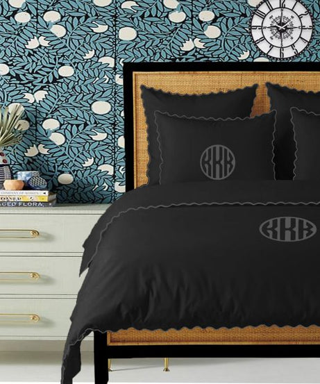 Monogram Black 400TC Cotton Small Scallop Embroidery Duvet Cover Set