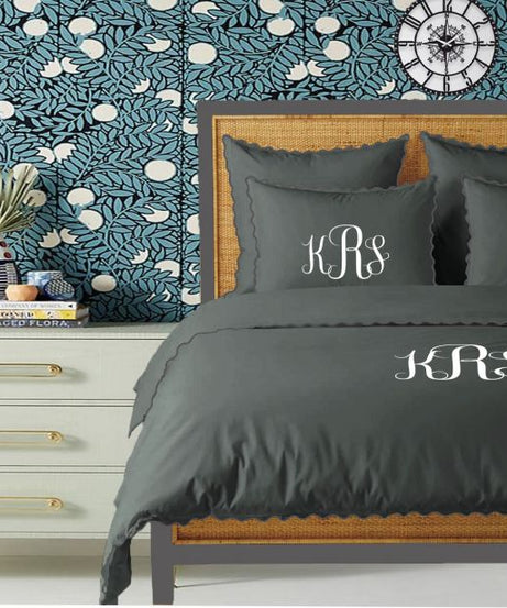 Monogram Dark Grey 400TC Cotton Small Scallop Embroidery Duvet Cover Set