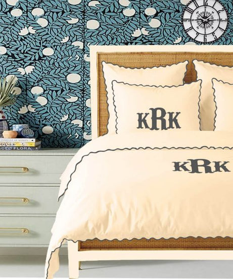 Monogram Ivory 400TC Cotton Small Scallop Embroidery Duvet Cover Set