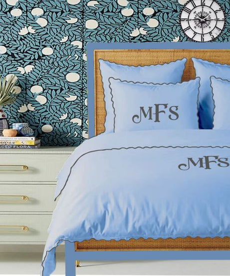 Monogram Light Blue 400TC Cotton Small Scallop Embroidery Duvet Cover Set