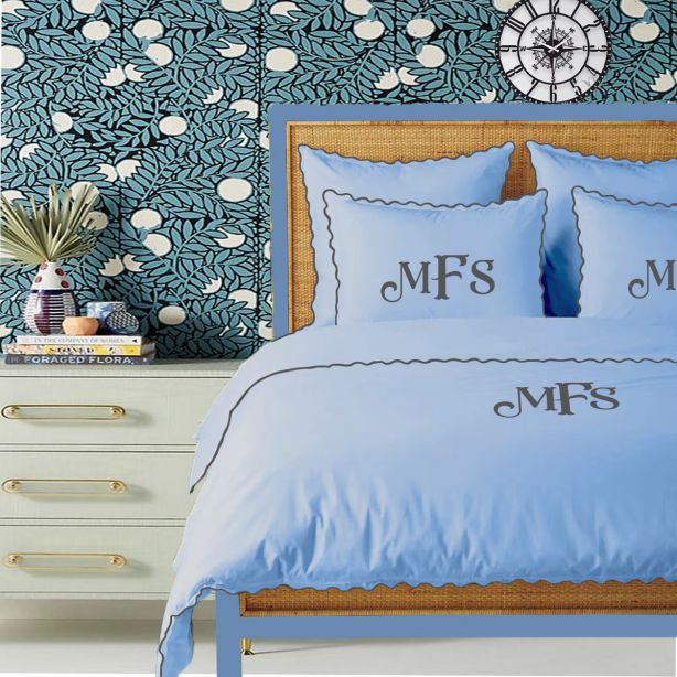 Monogram Light Blue 400TC Cotton Small Scallop Embroidery Duvet Cover Set