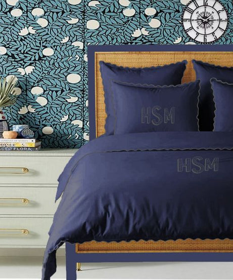 Monogram Navy 400TC Cotton Small Scallop Embroidery Duvet Cover Set