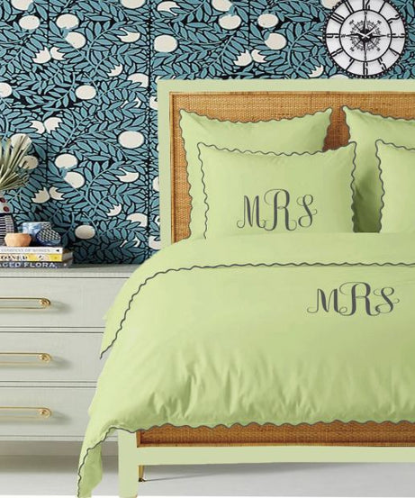 Monogram Sage 400TC Cotton Small Scallop Embroidery Duvet Cover Set