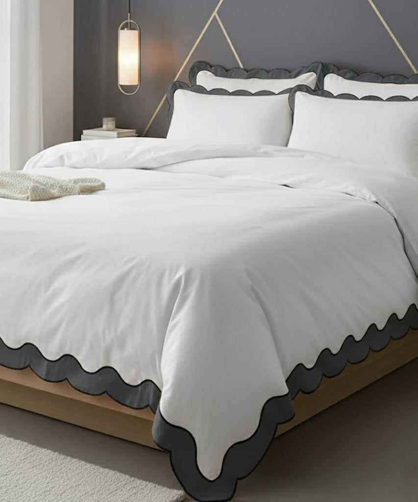 Scalloped & Wavy Applique Embroidery Cotton Duvet Cover Set