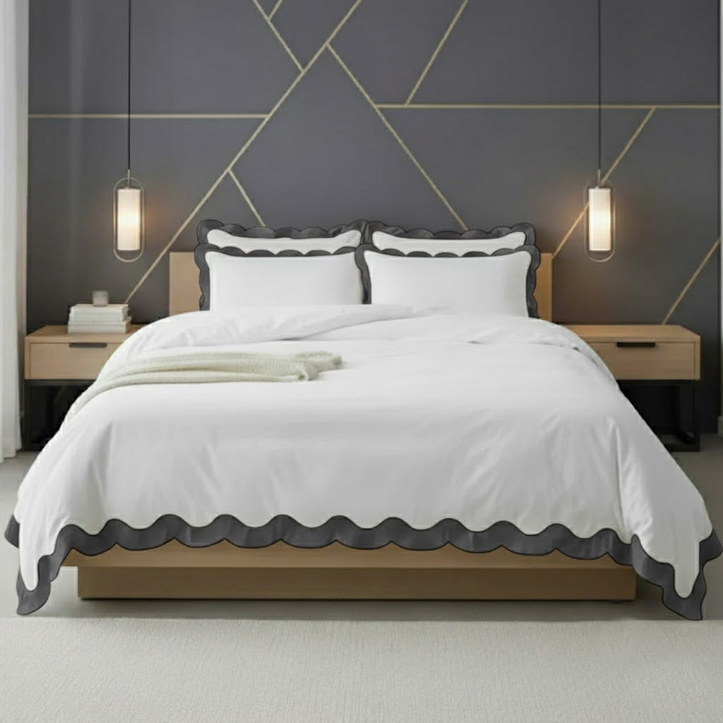 Scalloped & Wavy Applique Embroidery Cotton Duvet Cover Set