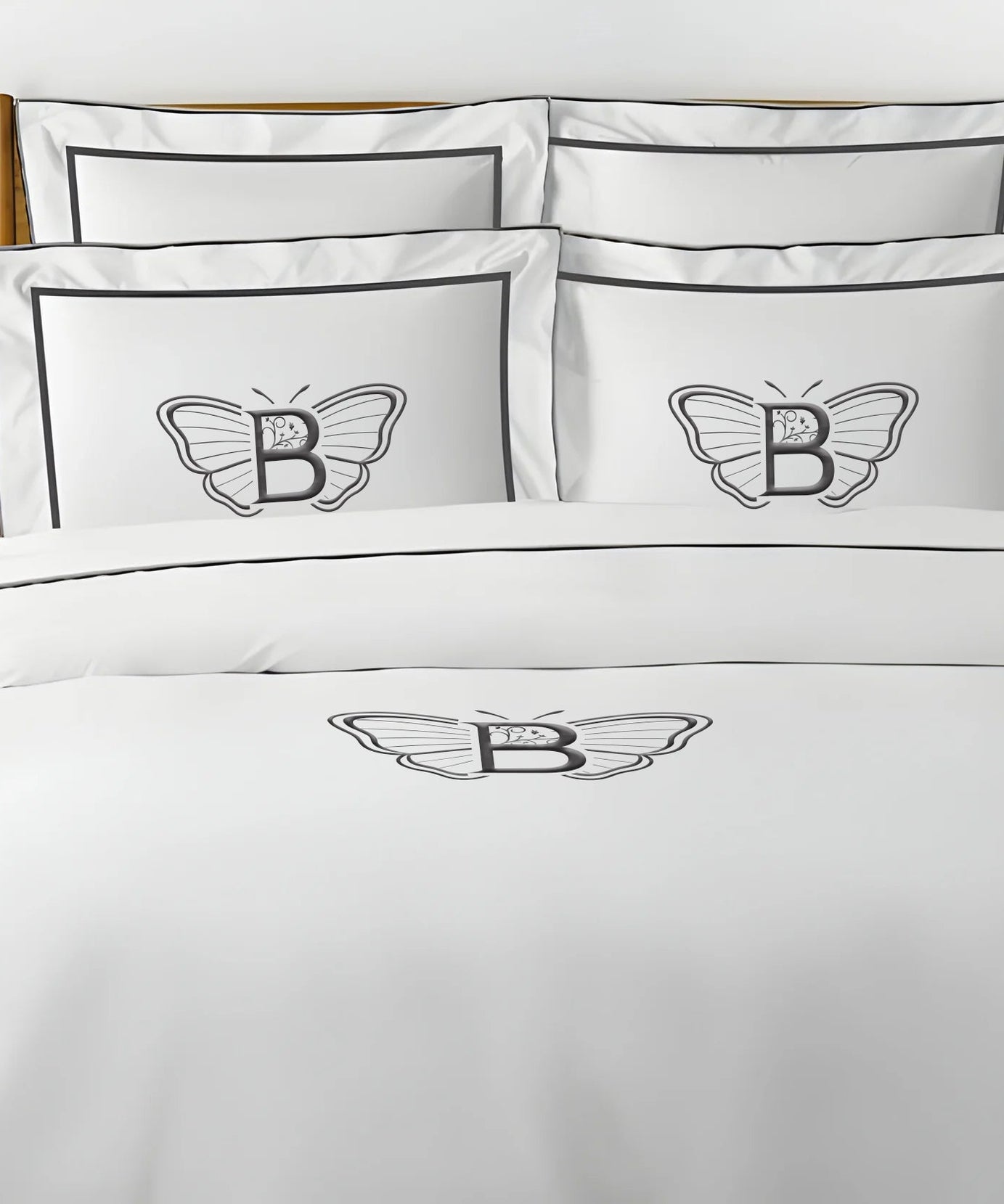 Monogram Embroidery & Border Cotton Sateen Solid Duvet Cover Set