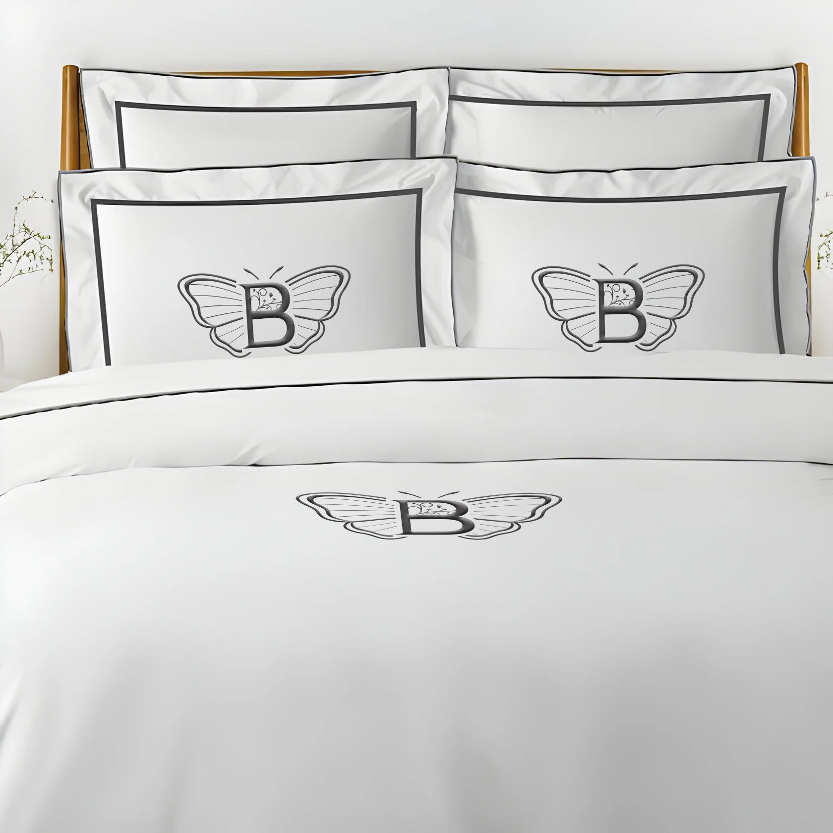 Monogram Embroidery & Border Cotton Sateen Solid Duvet Cover Set