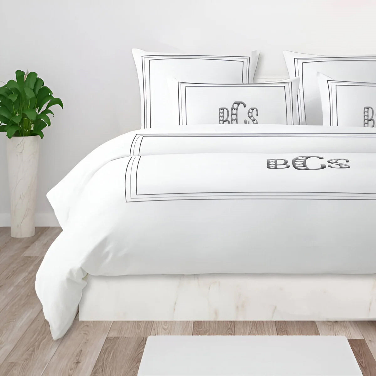 Monogram 400TC Cotton Classic Embroidery Sateen Solid Duvet Cover Set