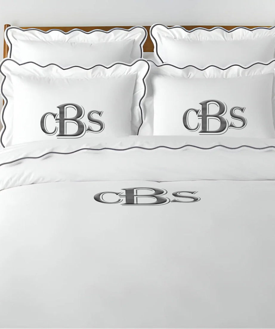 Monogram 400TC Cotton Scallop Embroidery Sateen Solid Duvet Cover Set