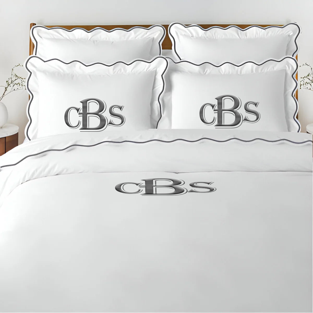Monogram 400TC Cotton Scallop Embroidery Sateen Solid Duvet Cover Set