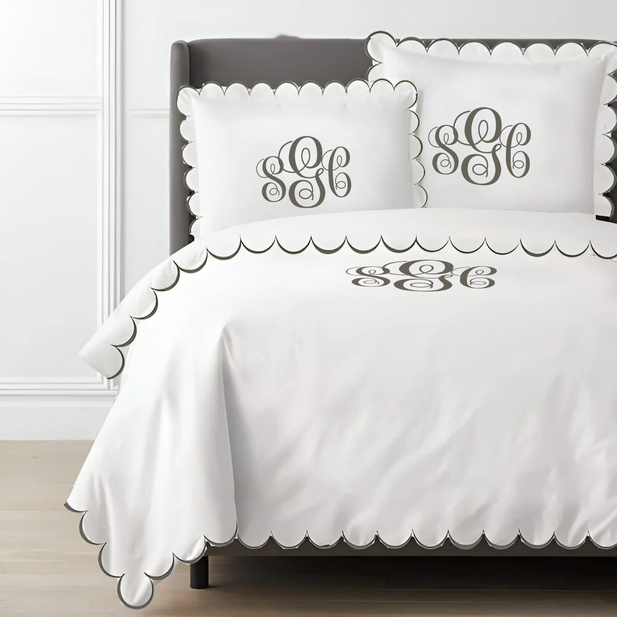 Monogram Allena 400TC Cotton Scallop Embroidery Sateen Solid Duvet Cover Set